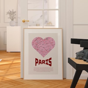 Anpassbare Paris Love Map Poster | Romantische herzförmige Pariser Wandkunst | Valentinstag Digitaldruck