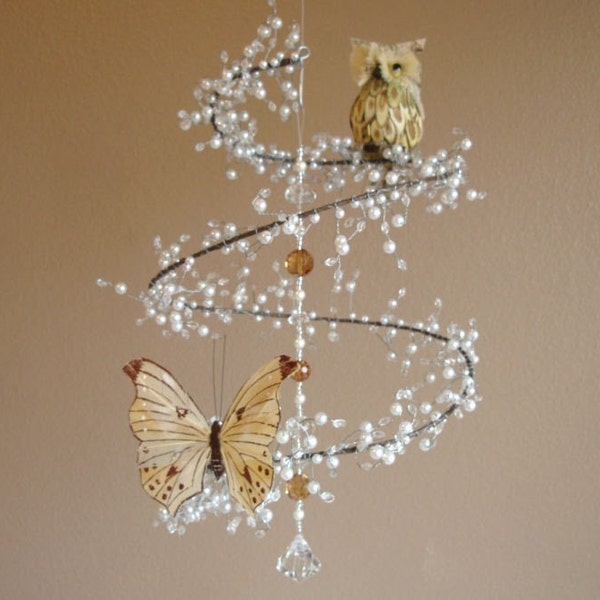 Pearl and Crystal Mobile Chandelier with Perched Owl and Butterfly - LIMITED EDITION