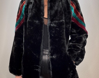 Vintage Short Faux Fur Jacket – Black with Colorful Sleeve Details – Size XS