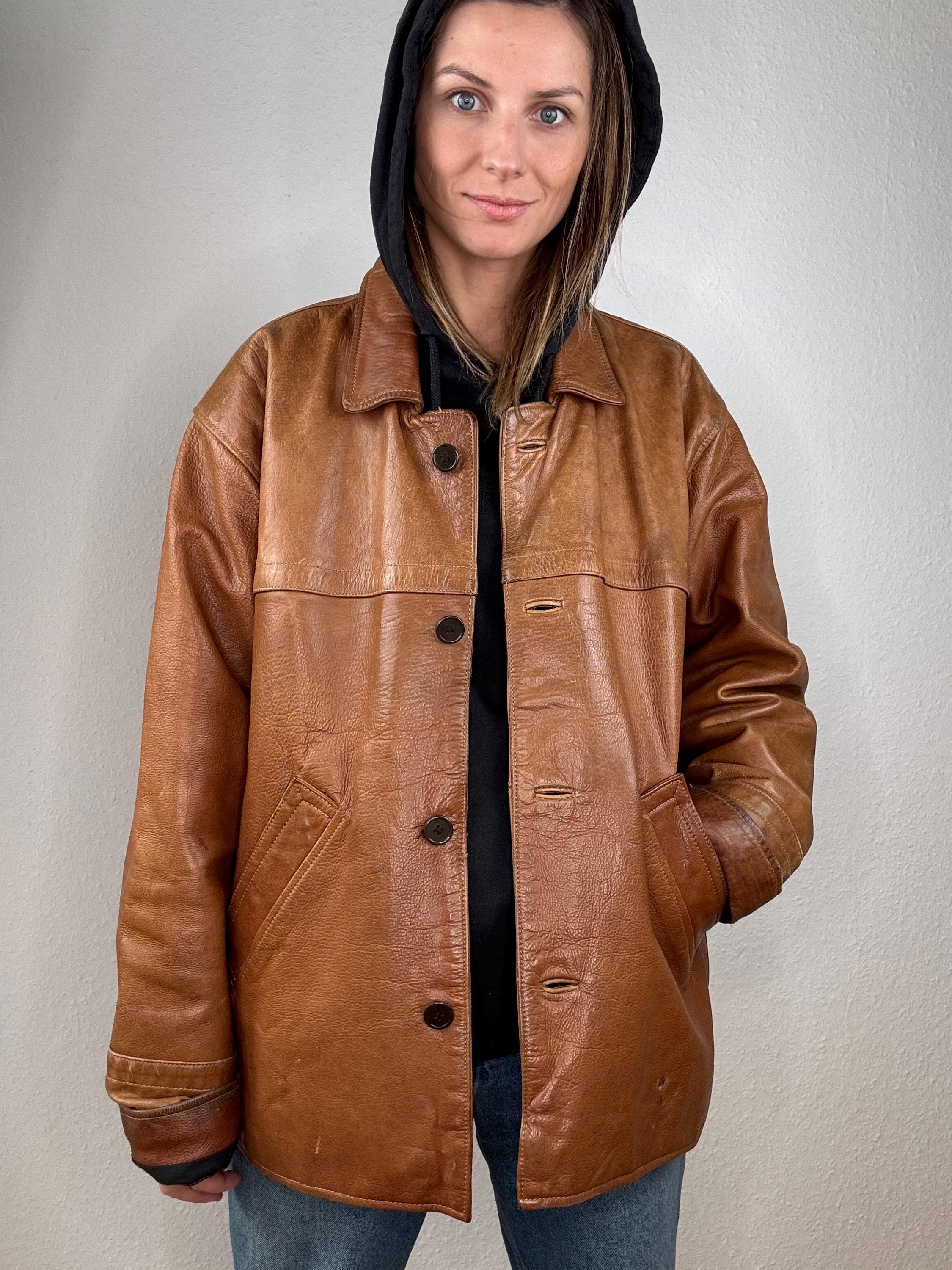 Vintage Camel Leather Jacket – Iconic American workwear Inspired Style / Oversized – Size L