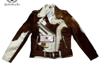 Handgefertigte Rindsleder Lederjacke: Western Hair-On Kuh Druck