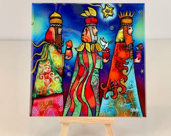 Peace Love & PR 2022 Colorful Ceramic Tile Wall Decor by Puerto Rican Artist Susana Lopez Castells Holiday Decor Three Wise Men