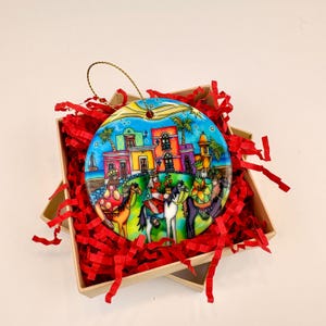 Reyes a Caballo 2024 Handmade Colorful Ornament Ceramic Art Puerto Rican Artist Susana Castells Holiday Decor Gold String Three Wise Men