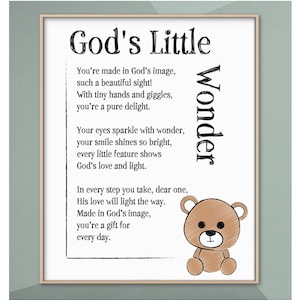 Christian Nursery Wall Art – God&#39;s Little Wonder Poem with Teddy Bear | Baby Shower Gift | Modern Kids Decor