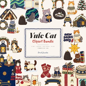 Könnte beinhalten: Ein digitales Clipart-Paket mit dem Titel Yule Cat Clipart Bundle, das verschiedene Illustrationen von Katzen in Winterpullovern, Weihnachtsbäumen, Laternen, Bücherstapeln, Geschenken und Socken auf hellem Hintergrund zeigt.