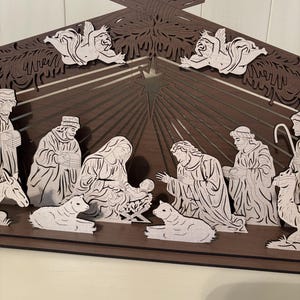 Laser Engraved Christmas Nativity Set with Barn - Complete Wooden Nativity Set - Engraved Barn, Animals, Wise Men, Shepherd included