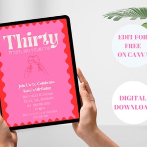 Plantilla de invitación para el 30.° cumpleaños en rosa y rojo con texto &quot;Treinta&quot; para descargar digitalmente en Canva
