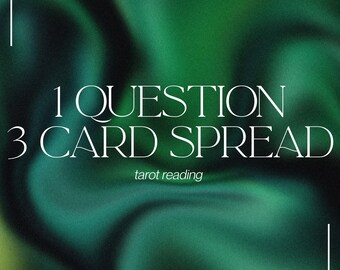 May include: A digital graphic with a dark green, swirling, liquid-like background. The text reads 1 QUESTION 3 CARD SPREAD in a large, white, serif font, with the words tarot reading in a smaller, white, sans-serif font below it.