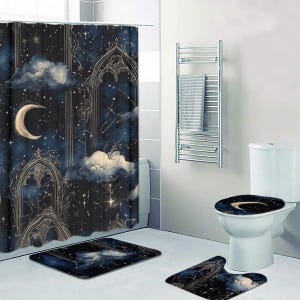 Gift Idea For Witchy Home Decor Astrology-Themed Housewarming Gift Lunar Stars And Clouds Shower Curtain Gothic Night Sky Bathroom Set Decor