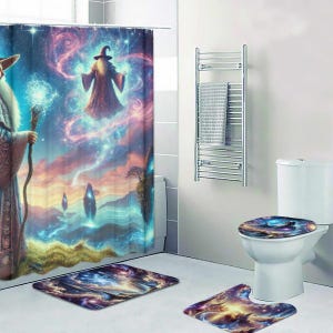 Birthday Gift Idea For Him Wizard-Themed Home Decor Fantasy Magician And Celestial Sky Bathroom Curtain Housewarming Gift For Fantasy Lovers