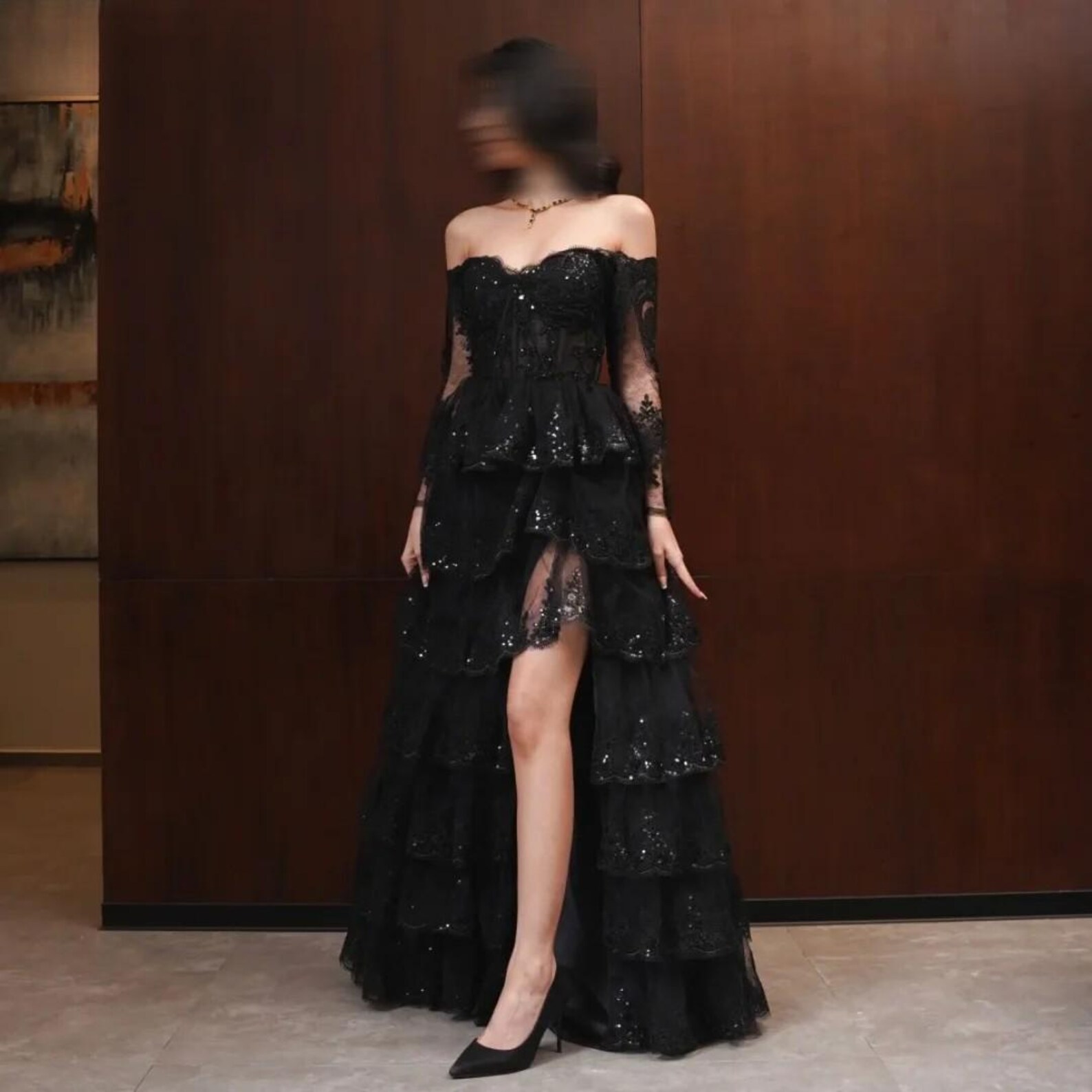Elegant Glitter Rhinestone Black Lace Long Prom Dress main image 0