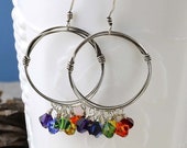 Chakra Crystal Dangle Hoop Earrings. Sterling Silver Twisted Hoops with a Rainbow of Swarovski Crystals. Boho Earrings for Rainbow Wedding