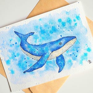 Carte de voeux art baleine peinte à la main, peinture aquarelle originale, voeux vierges uniques, carte d'anniversaire, carte de remerciement Art de l'océan sous la mer