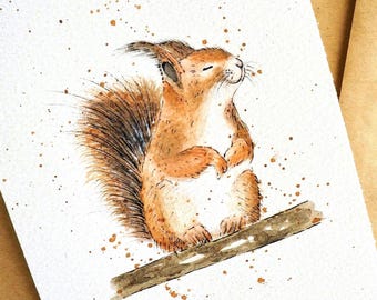 Biglietto d'auguri con scoiattolo dipinto a mano ad acquerello, biglietti divertenti stampati, biglietti di compleanno vuoti, biglietti fatti a mano, simpatici animali del bosco, buon compleanno