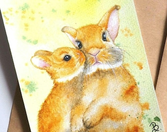 Watercolor Easter Bunnies Greeting Card Hand Painted Custom Card Cute Unique Printed Funny Cards Birthday All Occasion Spring Greeting Cards