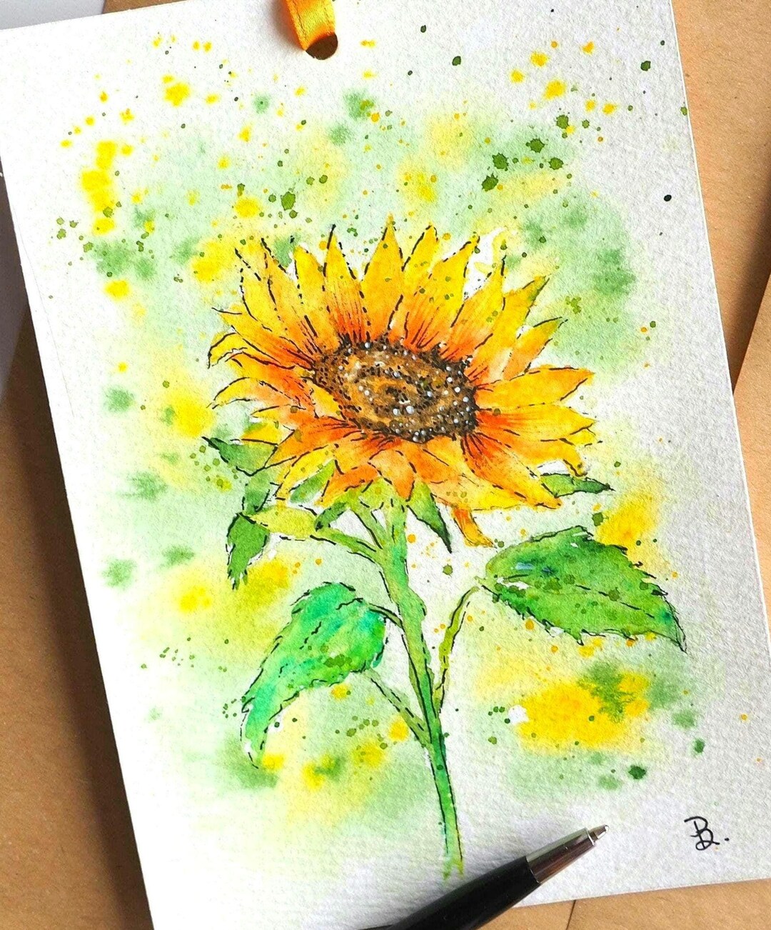 Sunflower Art Greeting Card Watercolor Hand Painted Unique Birthday ...