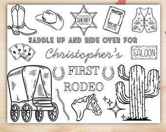 Editable Wild West First Rodeo Coloring Sheet, 1st Birthday Cowboy Party Favor, Western Party