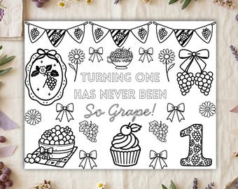 Grape 1st Birthday Coloring Page, First Birthday Activity Sheet, Berry Sweet Party Kids Printable