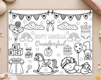 Personalized Onederful Birthday Coloring Page, Baby Girl Party Activity Sheet
