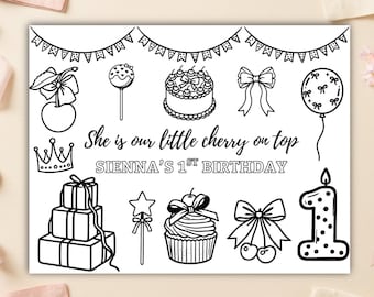 Personalized Cherry on Top Coloring  Page, Girl's First Birthday Activity Sheet, Printable Kids Placemat