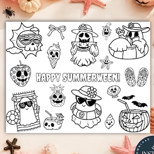 以下が含まれることがあります： ゴースト、スカル、トロピカルなアイテムなど、夏のハロウィーンをテーマにした様々なイラストが描かれた白黒の塗り絵ページ。ページの中央には「HAPPY SUMMERWEEN!」というテキストが、様々な線画デザインの中に配置されています。