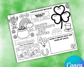 Personalisiertes Tischset für Vorschul- und Kindergartenkinder, St. Patrick's Day