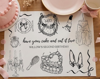 Personalisierte Haben Sie Ihren Kuchen und essen Sie zwei Malseite | Mädchen 2. Geburtstag Aktivitäts-Tischset | Kokette Geburtstagsparty zum Ausdrucken