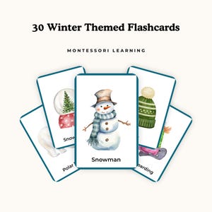 May include: A set of 30 Winter Themed Flashcards for Montessori Learning. The cards feature watercolor illustrations of a snowman, a snow globe, a green knit hat, and a polar bear, with text labels including Snowman and Polar Bear.