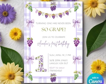 So Grape First Birthday Invitation, Purple Fruit Theme Birthday Party, Vineyard Kids Invite