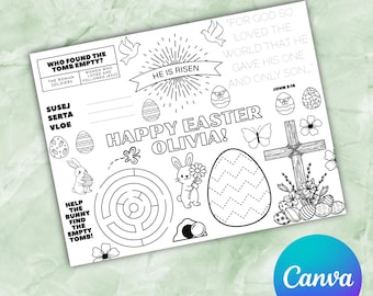 Personalisierte christliche Ostern Färbung Tischset für Kinder | Sonntagsschulaktivitäts-Handwerk (individueller Name)