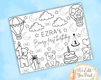 Personalisierte Beary Erster Geburtstag Malvorlage | Benutzerdefinierte Name Teddybär Tischset
