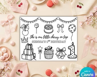 Personalized Cherry on Top Coloring  Page, Girl's First Birthday Activity Sheet, Printable Kids Placemat