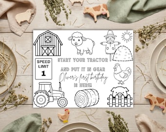 Spersonalizowana kolorowanka na pierwsze urodziny farmy, arkusz aktywności z traktorem na pierwsze urodziny, impreza w stodole do druku