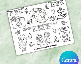 Personalisierte Happy Earth Day Malseite für Kinder | Benutzerdefiniertes Namensaktivitäts-Tischset (Digitaler Download)