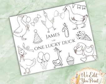 Personalisierte Glückliche Ente | Jungen 1. Geburtstag Malvorlage | Party Tischset (Instant Download)