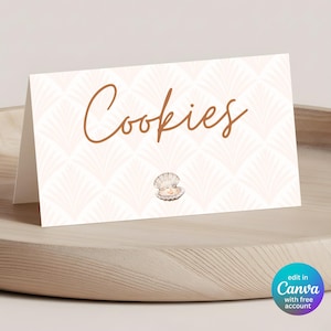 Editable Shell Food Label Template, Printable Pearl First Birthday Decor, Elegant Coastal Place Cards