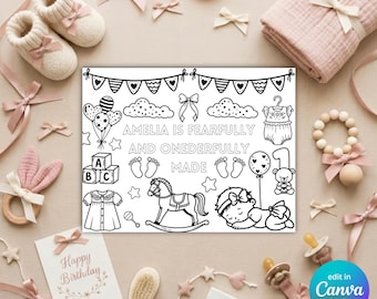 Fearfully and Onederfully Made 1st Birthday Coloring Sheet, Girl's Party Activity Placemat, Digital Download