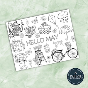 Puede incluir: Ilustración en blanco y negro con el texto «HELLO MAY». La imagen presenta una tetera, una taza de té, una cesta de picnic, flores, mariposas, una cometa, una nube de lluvia, un paraguas, libros, una escalera con plantas, una bicicleta y un colibrí.