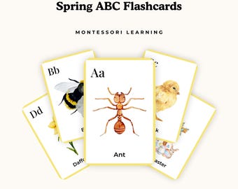 Frühlings-Montessori Alphabet Karteikarten für Vorschule und Kindergarten, Kleinkind Vokabeln ABC Karten, Druckbare Aktivität