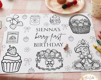 Personalisierte Beere Erster Geburtstag Malseite | Geburtstags-Tischset Erdbeere | Druckbares Gastgeschenk