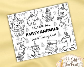 Personalisiertes Calling All Party Animals Aktivitäts-Tischset | Safari Name 1. Geburtstag Malseite