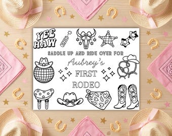 Edytowalna kolorowanka urodzinowa kowbojka, pierwsza kolorowanka rodeo, wydrukowana aktywność na imprezę w stylu Dzikiego Zachodu
