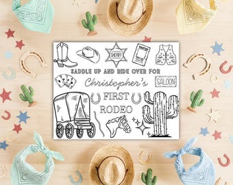 Edytowalna kolorowanka „Dziki Zachód, pierwsze rodeo”, upominek na pierwsze urodziny kowboja, impreza w stylu western