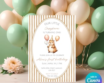 Editable Our Little Capybara Turning One Invitation, 1st Cappy Birthday Canva Template, Digital Download