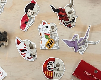 Half Skeleton Japanese Yokai Oni Mask Sticker Daruma Vinyl Kokeshi Doll Waterproof Sticker Maneki Neko Vinyl Origami Decor Fox Mask Kitsune