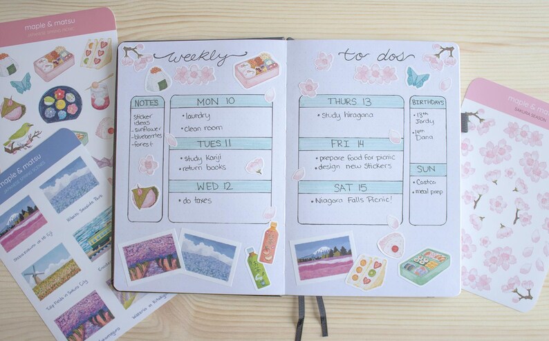 Pode incluir: Um planejador semanal com um esquema de cores azul claro e verde. O planejador tem uma lista de tarefas pendentes e uma se&ccedil;&atilde;o para notas. O planejador &eacute; decorado com adesivos de flores, borboletas e comida. O planejador est&aacute; aberto para a semana do 10, com os dias da semana listados no topo de cada p&aacute;gina. O planejador est&aacute; sobre uma superf&iacute;cie de madeira.