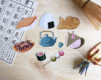 Japanese Food Stickers: Kawaii Sushi, Takoyaki, Dango Vinyl Decals (Set of 9)
