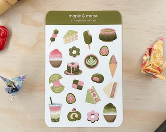 Strawberry Matcha Stickers for Planner Food Sticker Sheet for Decorating Food Theme Stationery Matcha Stickers for Journals Strawberry Gift