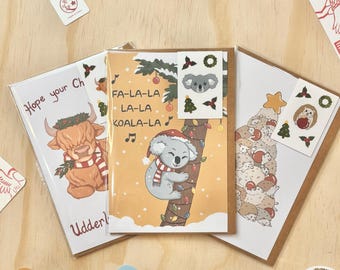 Animal Christmas Cards Holiday Stationery with Stickers Highland Cow Koala Festive Greeting Cards Xmas Gift Set Handmade Christmas Card