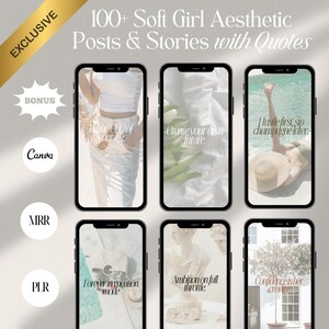 100+ Soft Girl Aesthetic Mindset Posts & Stories | Canva Template | MRR and PLR | Resell Rights | Beginner Friendly | Instagram Posts